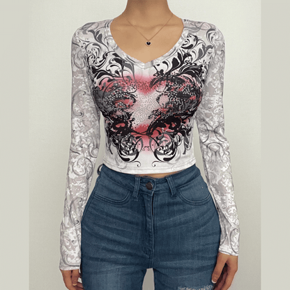 Abstract contrast long sleeve round neck crop top-final-sale