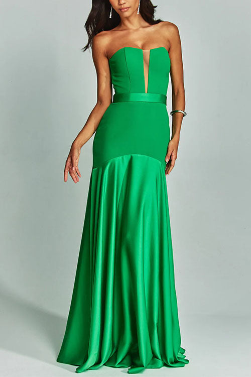 Mesh V Neck Strapless Splice Flare Maxi Party Dress
