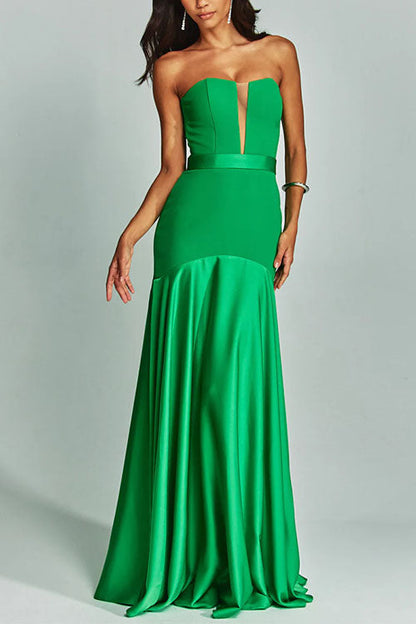 Mesh V Neck Strapless Splice Flare Maxi Party Dress