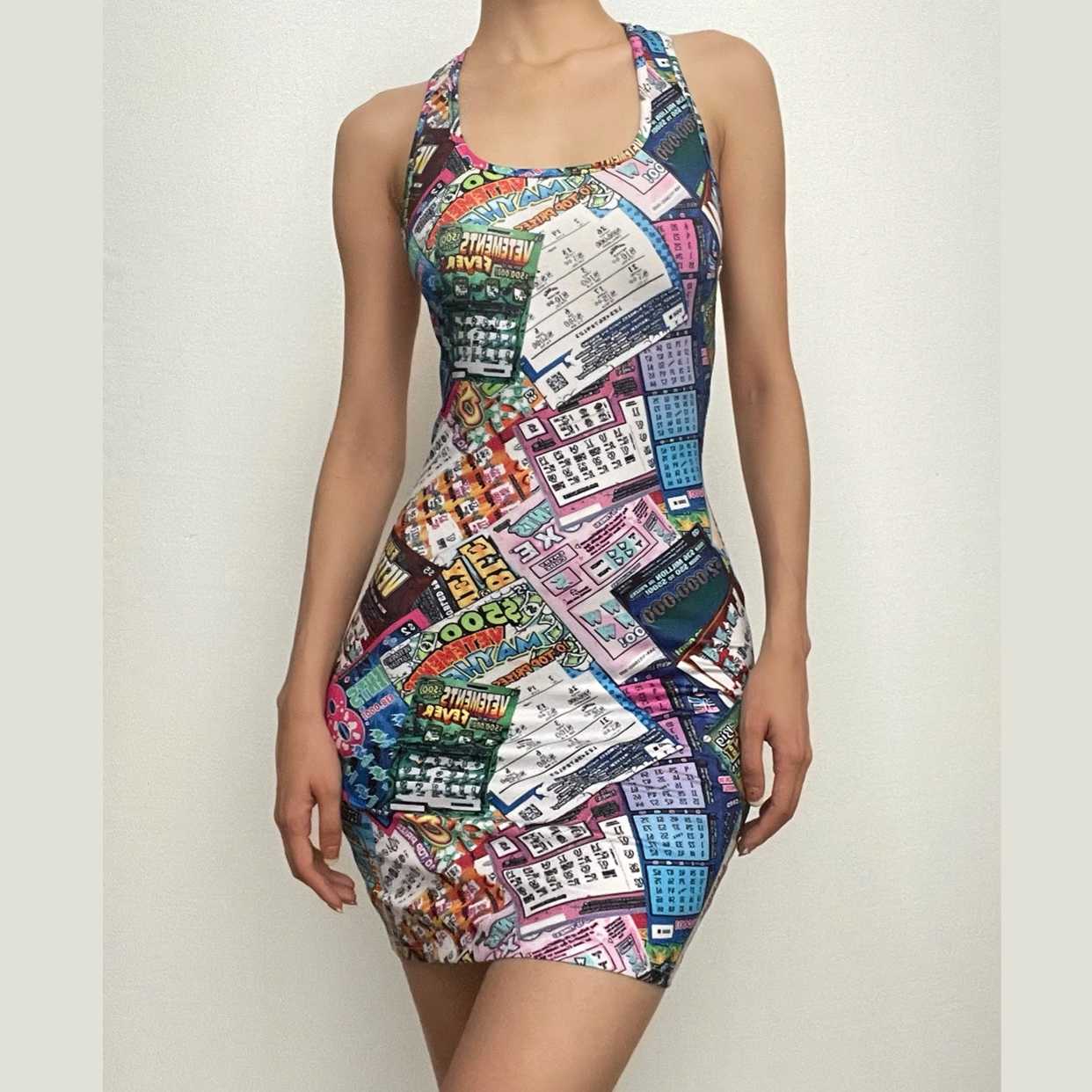 Lottery Ticket Print Scoop Neck Sleeveless Bodycon Mini Dress