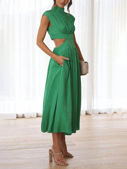 Mock Neck Sleeveless Waist Cutout Pocketed A-Line Midi Dress