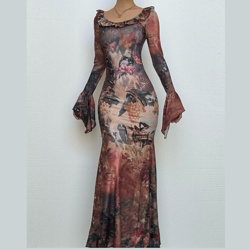 Long flared sleeve abstract print ruffle maxi dress