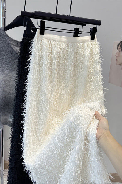 Elastic Waist Fringed Maxi Skirt