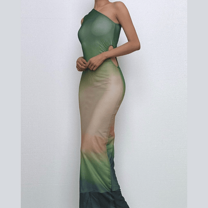 One shoulder gradient hollow out cut out maxi dress