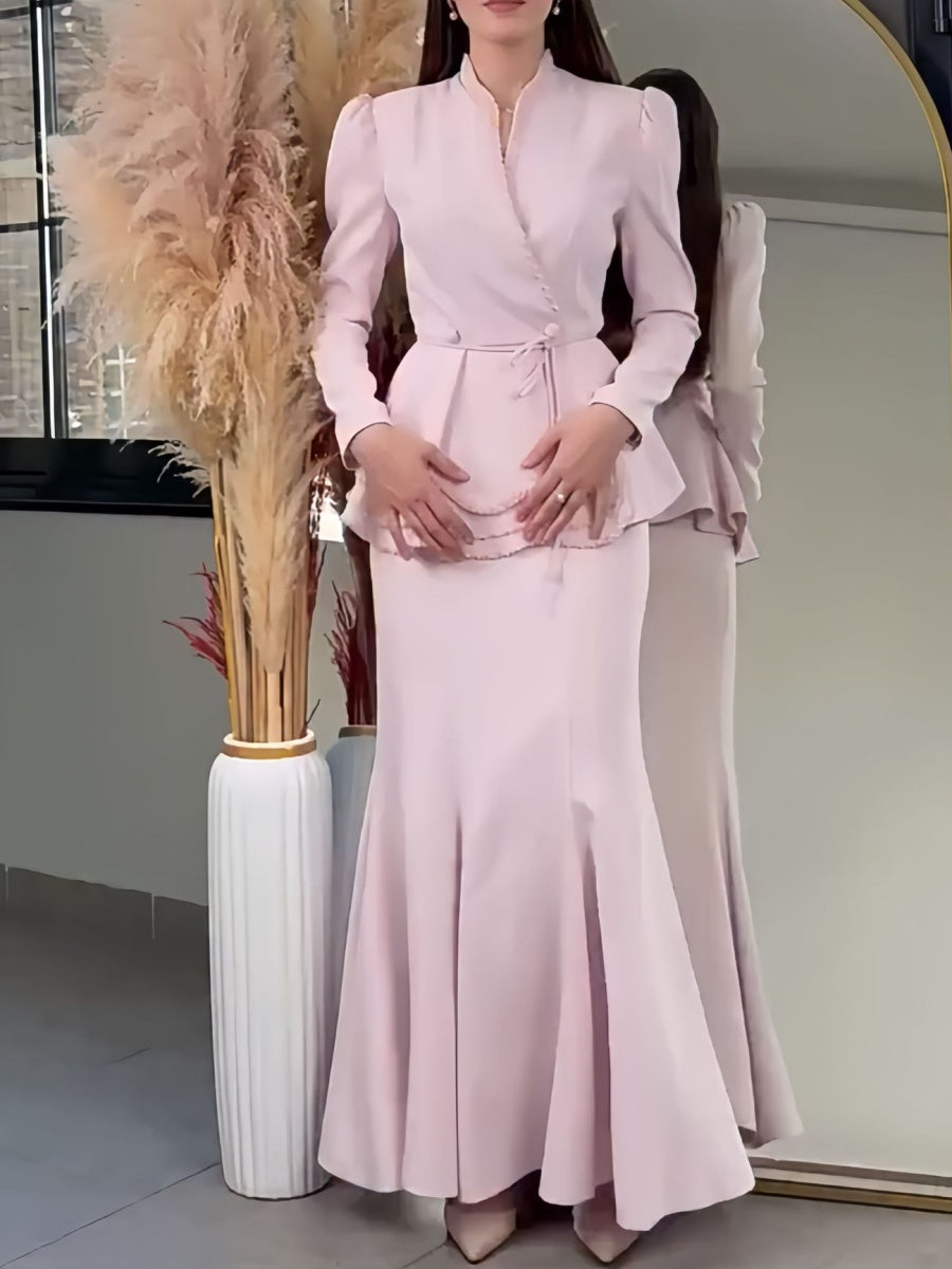 V-neck Tie-front Blazer And High-waisted Slimming Skirt Two-piece Set