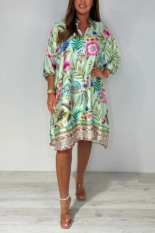 Button Up Long Sleeves Floral Print Satin Shirt Dress