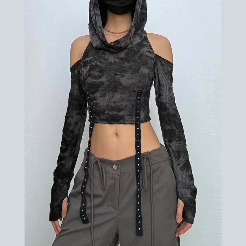 Long sleeve hoodie off shoulder buckle crop top