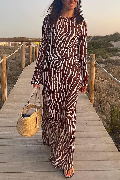 Boat Neck Bell Sleeves Animal Print Maxi Dress