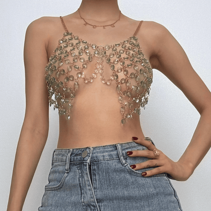 Beaded metal chain u neck backless layered cami top