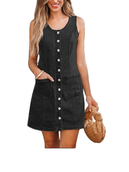 Sleeveless, Fitted Denim Button-down Short Dress With Patch Pockets