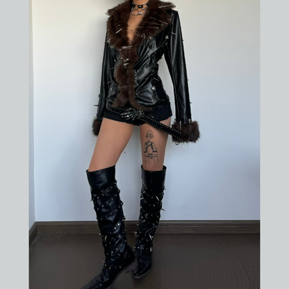 2 piece long sleeve fluffy o ring PU leather mini skirt set
