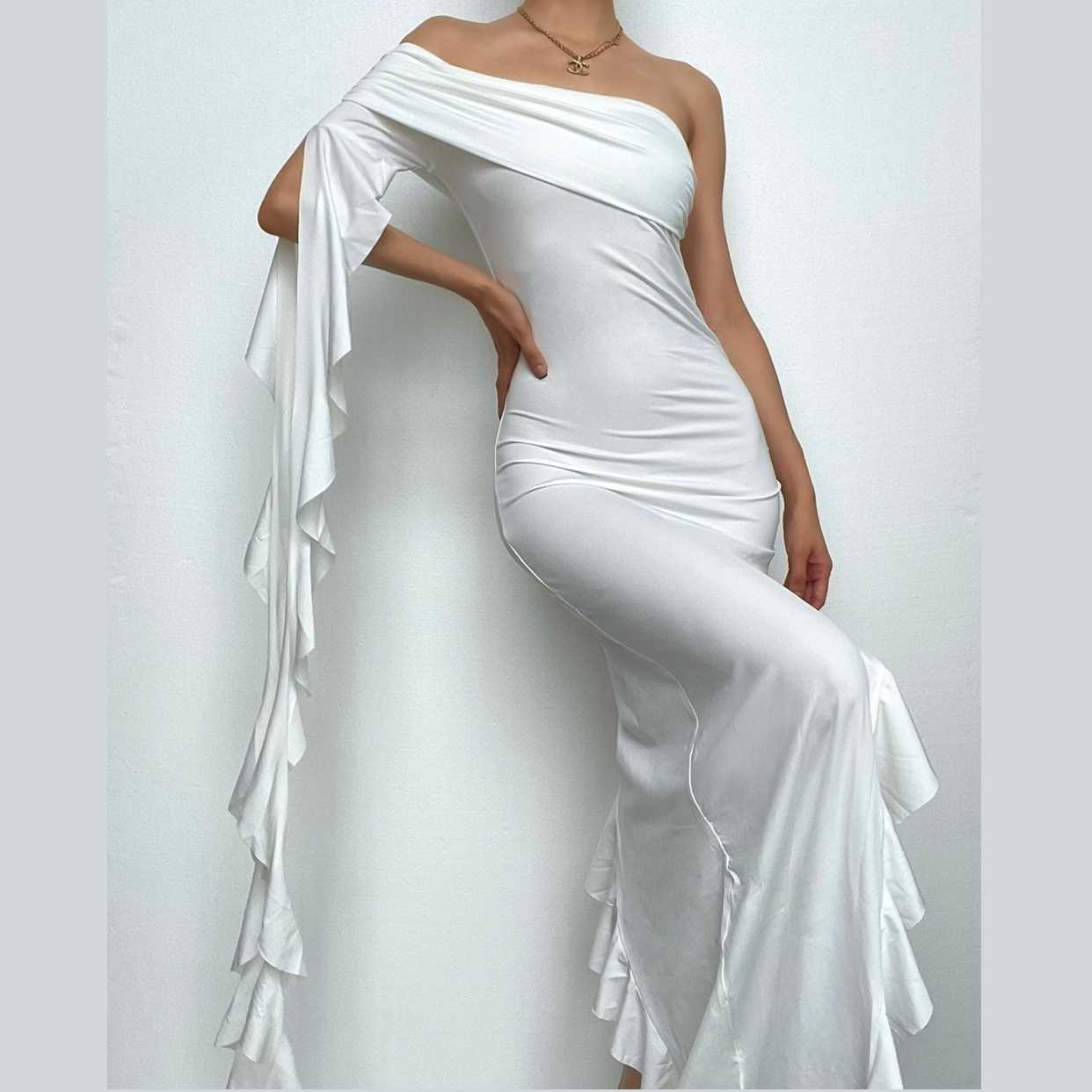Ruffle solid one shoulder irregular backless maxi dress-final-sale