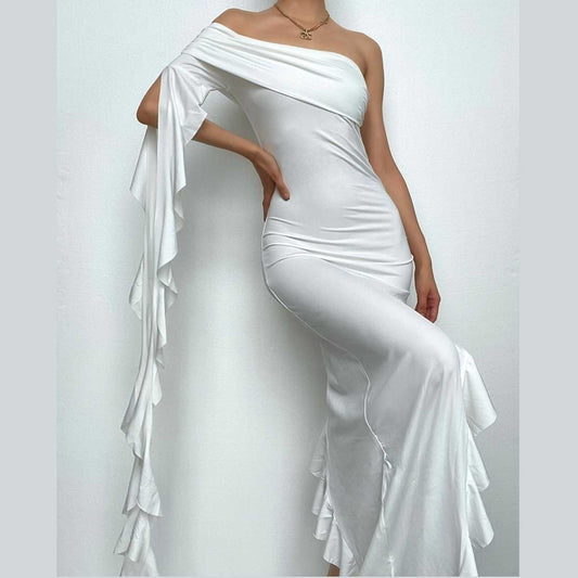 Ruffle solid one shoulder irregular backless maxi dress-final-sale