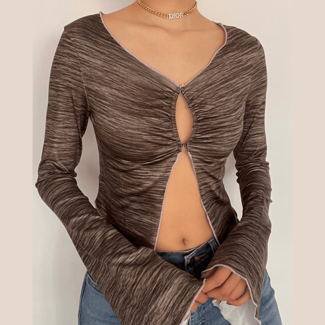 Long sleeve ruffled buttoned slit top