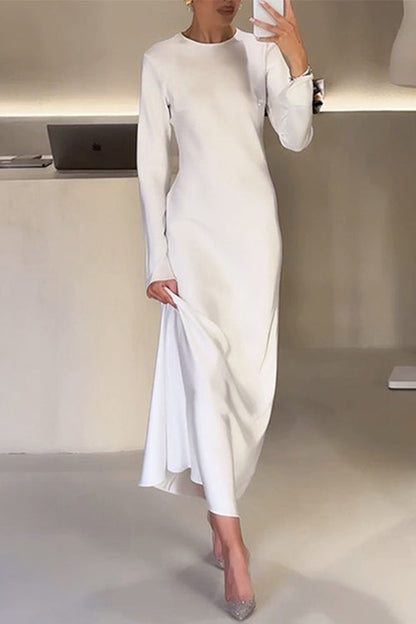 Meridress Round Neck Long Sleeves Satin Maxi Party Dress
