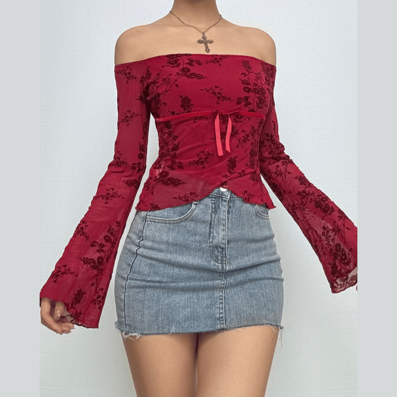 Flared sleeve off shoulder flower pattern top