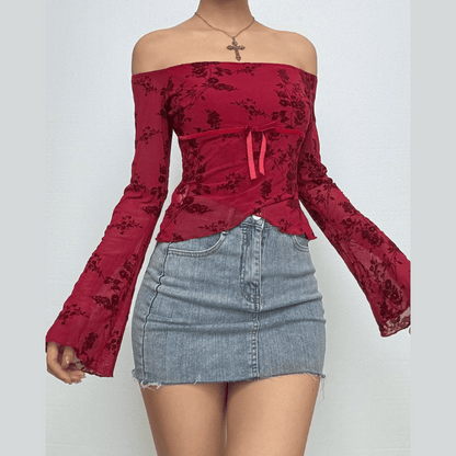 Flared sleeve off shoulder flower pattern top