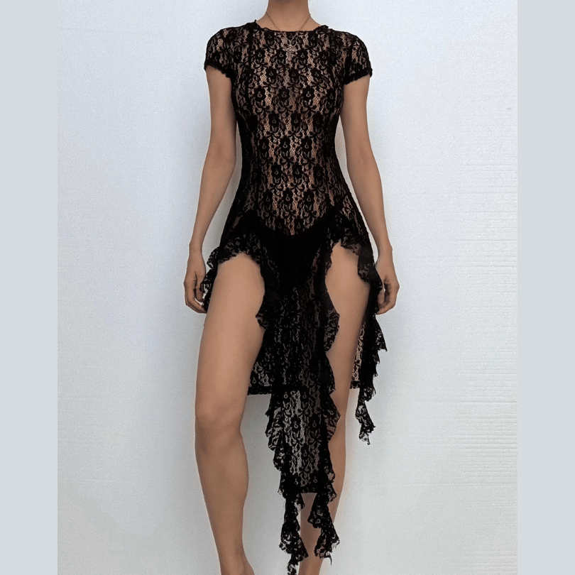 Short sleeve lace ruffle high slit mini dress