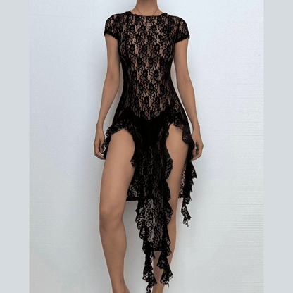 Short sleeve lace ruffle high slit mini dress