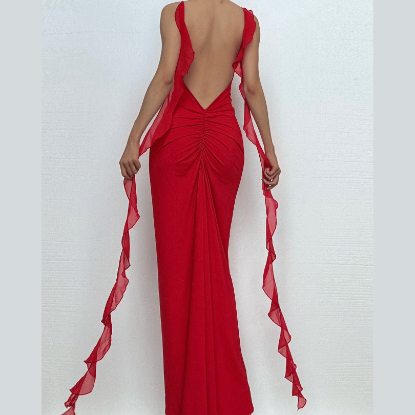 Flower applique ruffle ruched backless cami maxi dress