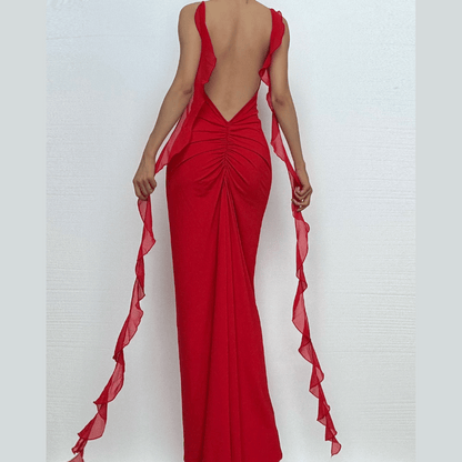 Flower applique ruffle ruched backless cami maxi dress