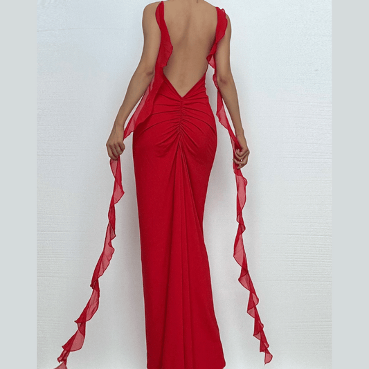 Flower applique ruffle ruched backless cami maxi dress