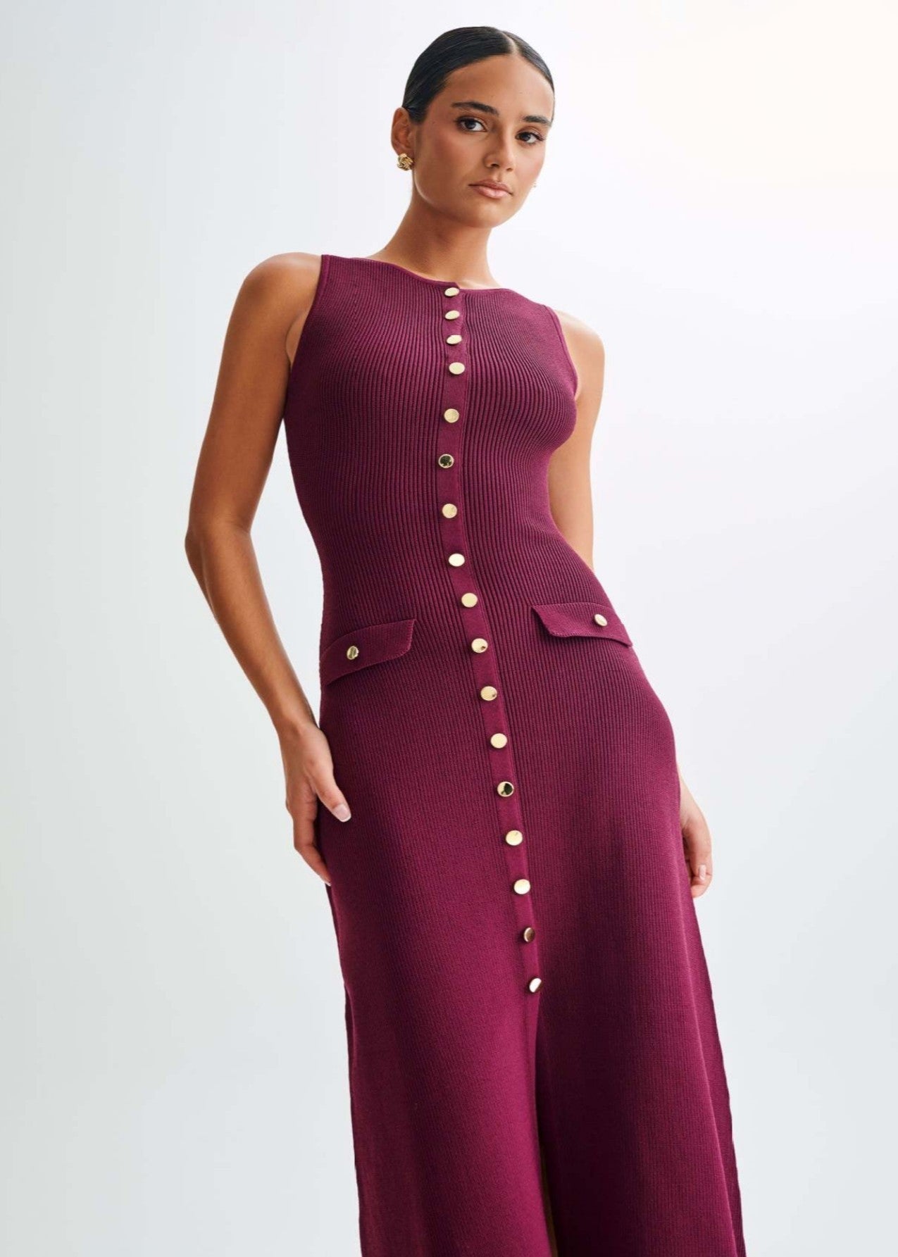 Juliette - Ribbed Knit Button Midi Dress