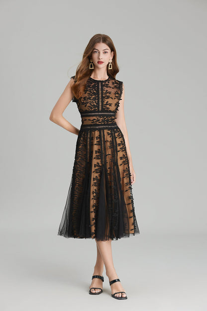Maëlle Round Neck Mesh Embroidered Midi Dress In Beige