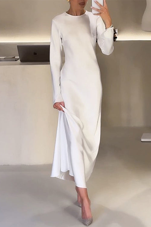 Round Neck Long Sleeves Satin Maxi Party Dress
