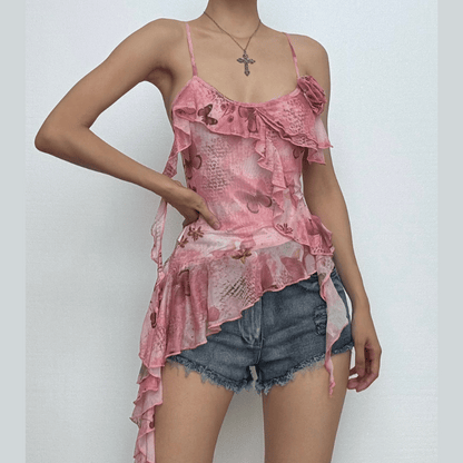 U neck sheer mesh print ruffle flower applique cami top