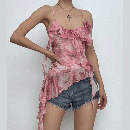 U neck sheer mesh print ruffle flower applique cami top