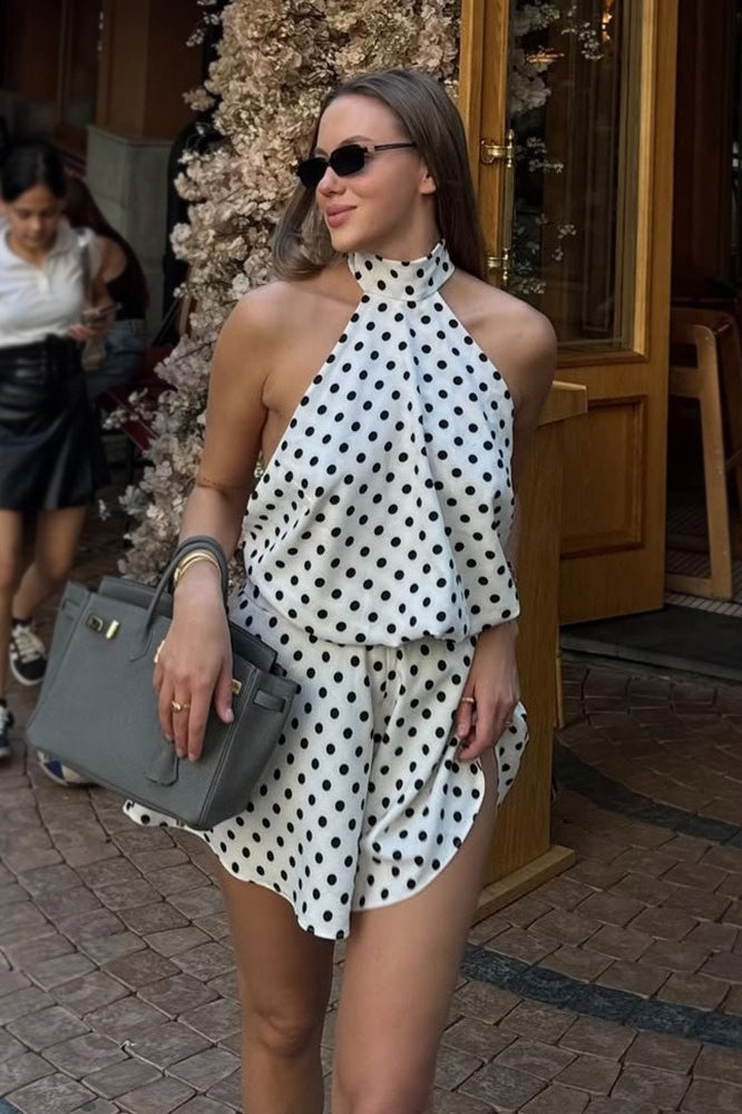 Polka Dot Halter Neck Backless Draped Blouson Top and Mini Skirt Two Piece Set