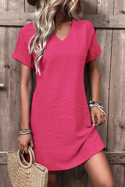 Fashion sexy slim V-neck solid color short-sleeved dress