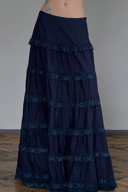 Vintage Lace Trimmed Tiered Midi Skirt