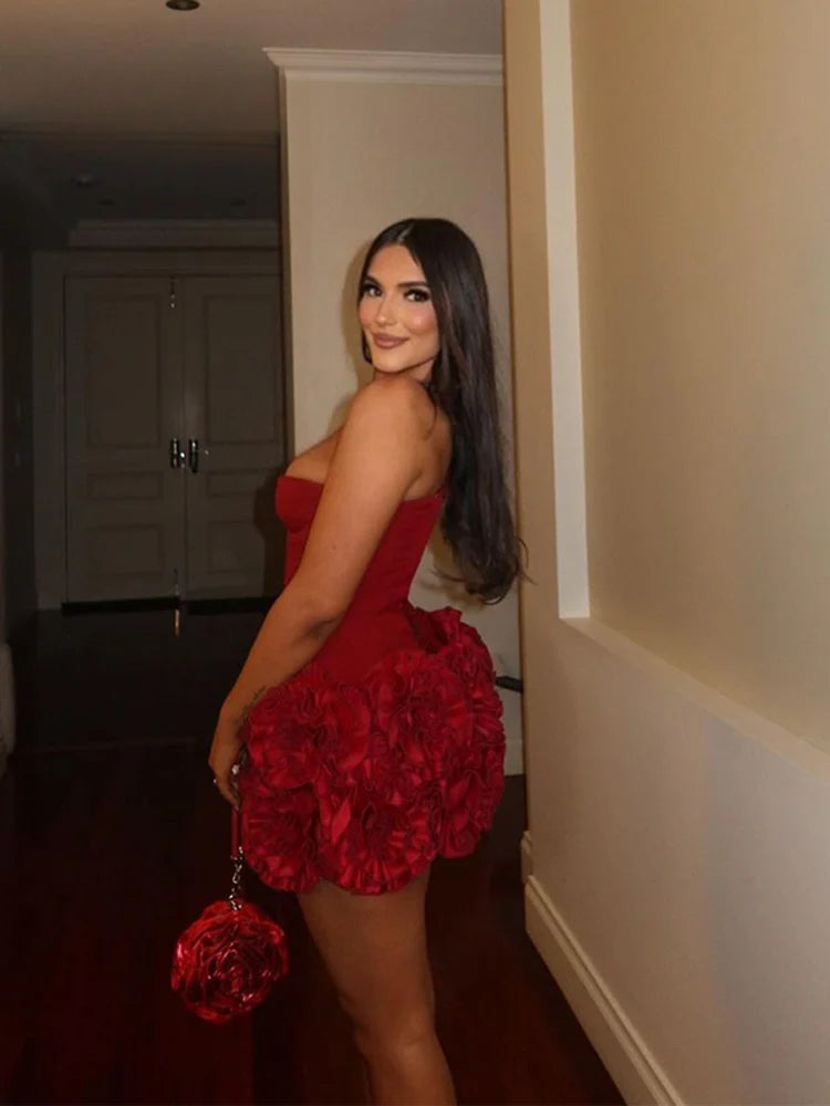 Red Fishbone Bandage 3D Flower Mini Party Dress