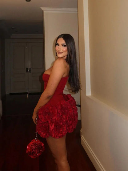 Red Fishbone Bandage 3D Flower Mini Party Dress