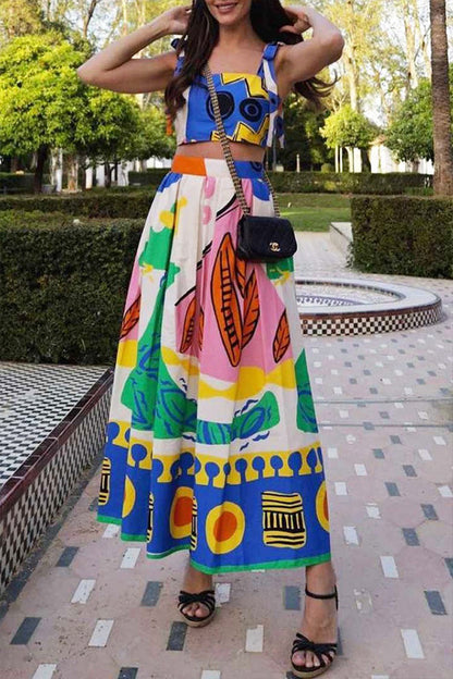 Fashion Print Lace Up Top + Skirt Women's Dress