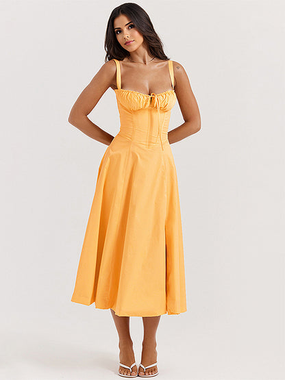 Soft Pink Summer Dress Sleeveless Straps Neck Cottagecore Lace Up Midi Dress For Women
