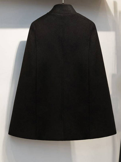 Woolen Poncho Coat Stand Collar Double Breasted Women Cape Outerwear