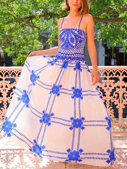 Unique Painted Crochet Floral Print Midi Dress
