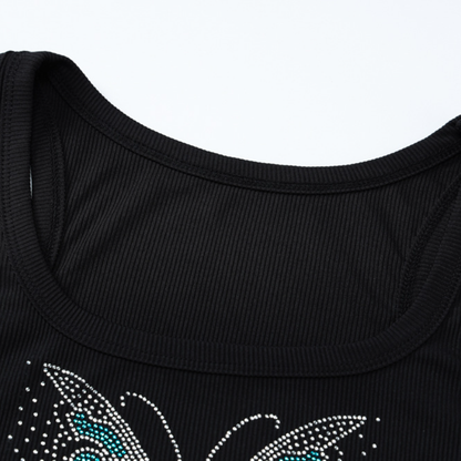 Beaded butterfly pattern u neck ribbed top