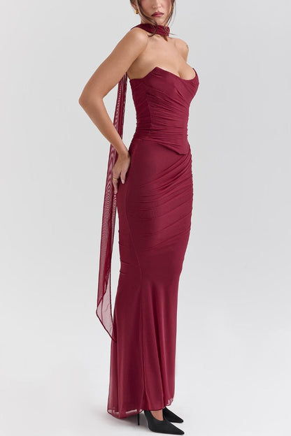 Neck Wrapped Strapless Corset Bodycon Maxi Skirt 2pcs Set-Blue