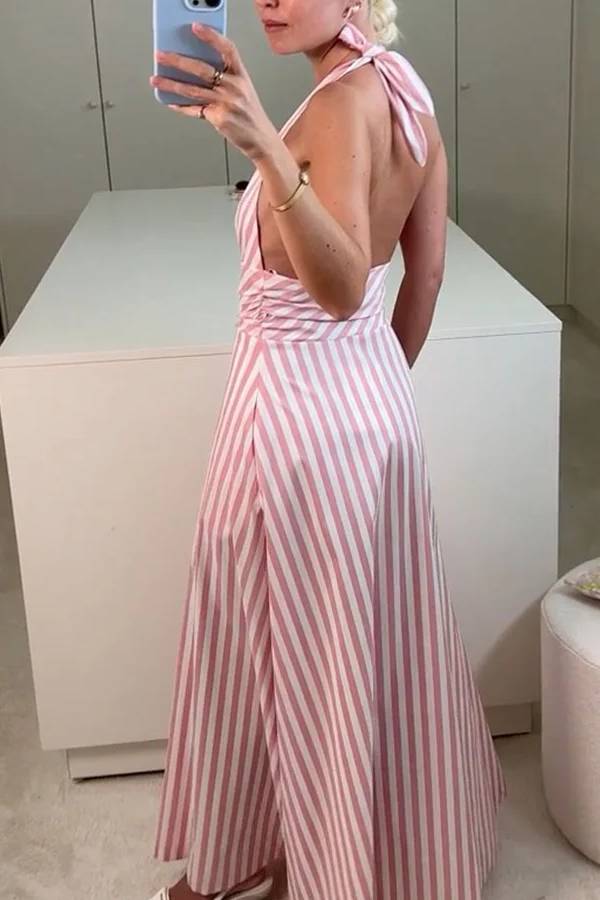 Pink V-neck striped backless dress
