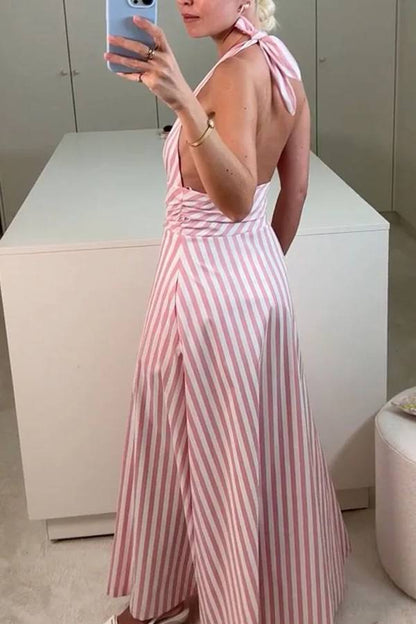 Pink V-neck striped backless dress