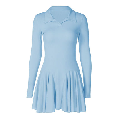 Turnover collar long sleeve solid mini dress