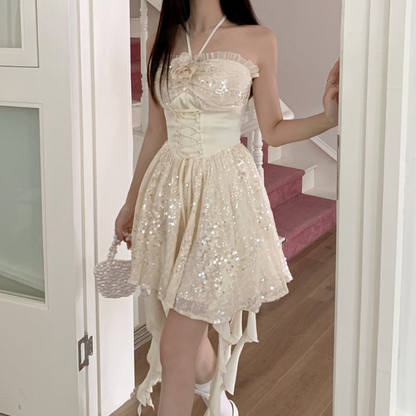 Glitter halter ruffle lace up mini dress