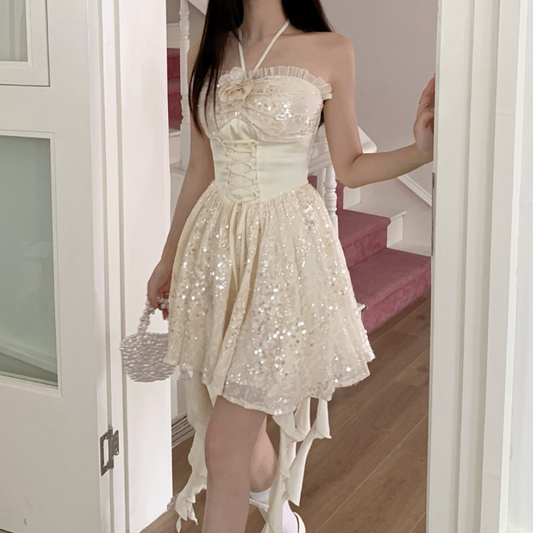 Glitter halter ruffle lace up mini dress