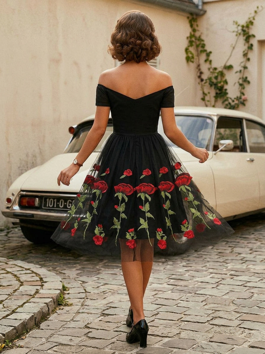 Rose Embroidered Vintage Midi Swing Dress for Women - 1950s Off Shoulder Style A-Line - Summer Tea Party 2026