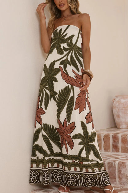 Botanical Print Sleeveless Off-shoulder Resort-style Loose Maxi Dress