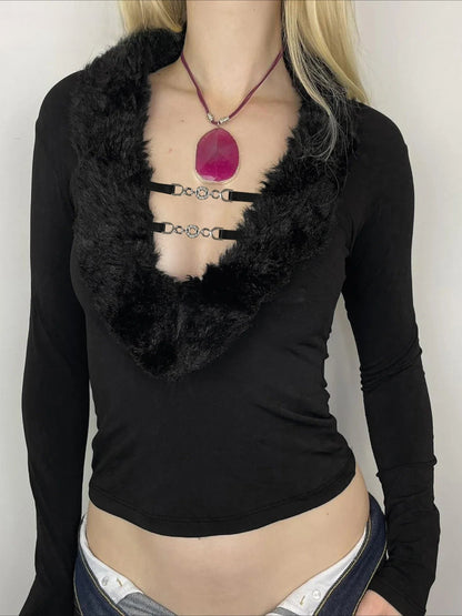 Fur Trim Slim Deep V-Neck Knitted Long Sleeve Knit Top